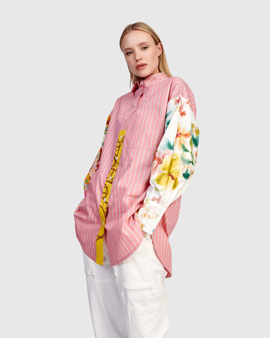 Rozā svītrains krekls ar ziedu raksta piedurknēm